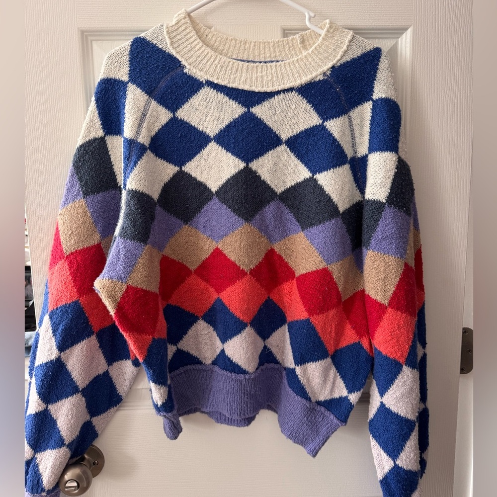 Free People Multicolor Argyle Crewneck Sweater - Blue, Red, Cream, Purple, Tan